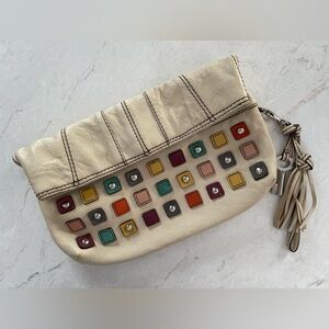 FOSSIL FIFTY FOUR Ivory Leather Fold-Over Tassel Clutch with Leather Patches GUC